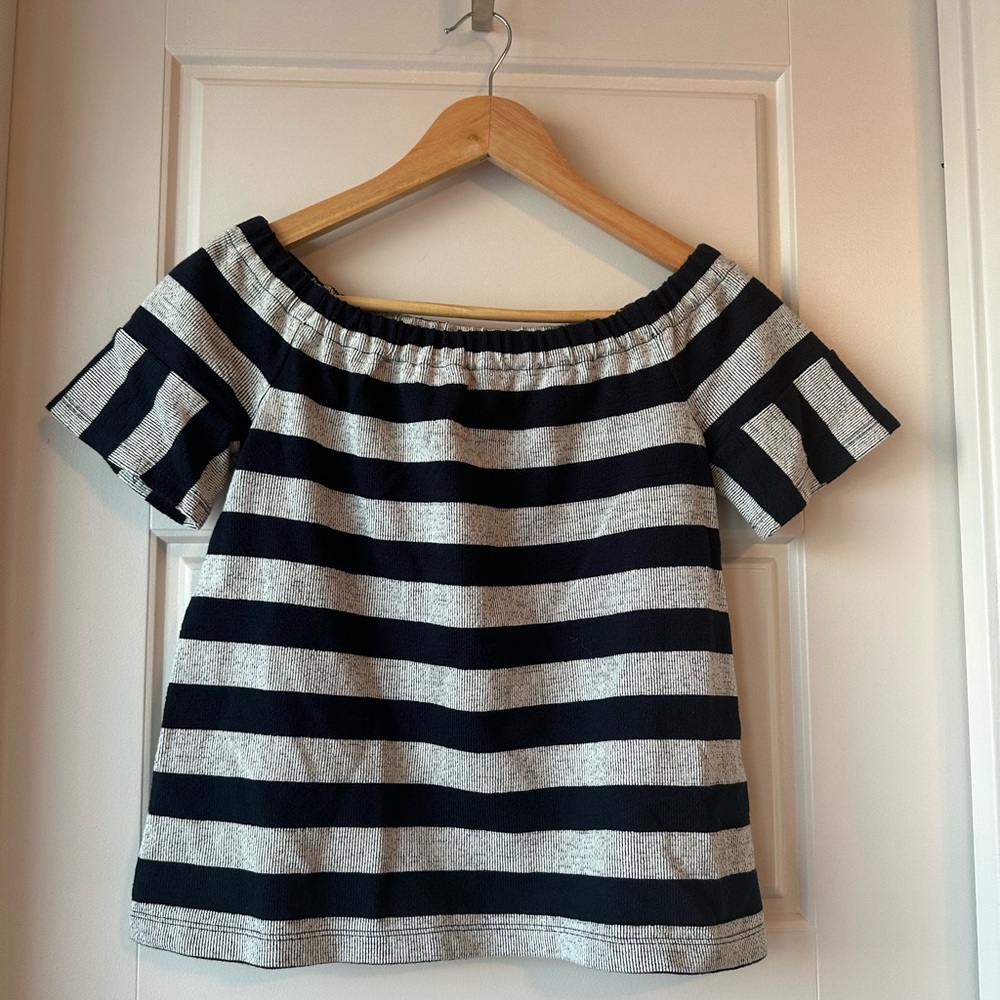Madewell Navy and White Striped Off-Shoulder Blouse